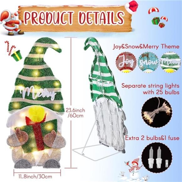23.6 Inch Pre Lit Collapsible 2D Gnomes with Incandescent Lights (Gnome,3 Pack) - Picture 2 of 6